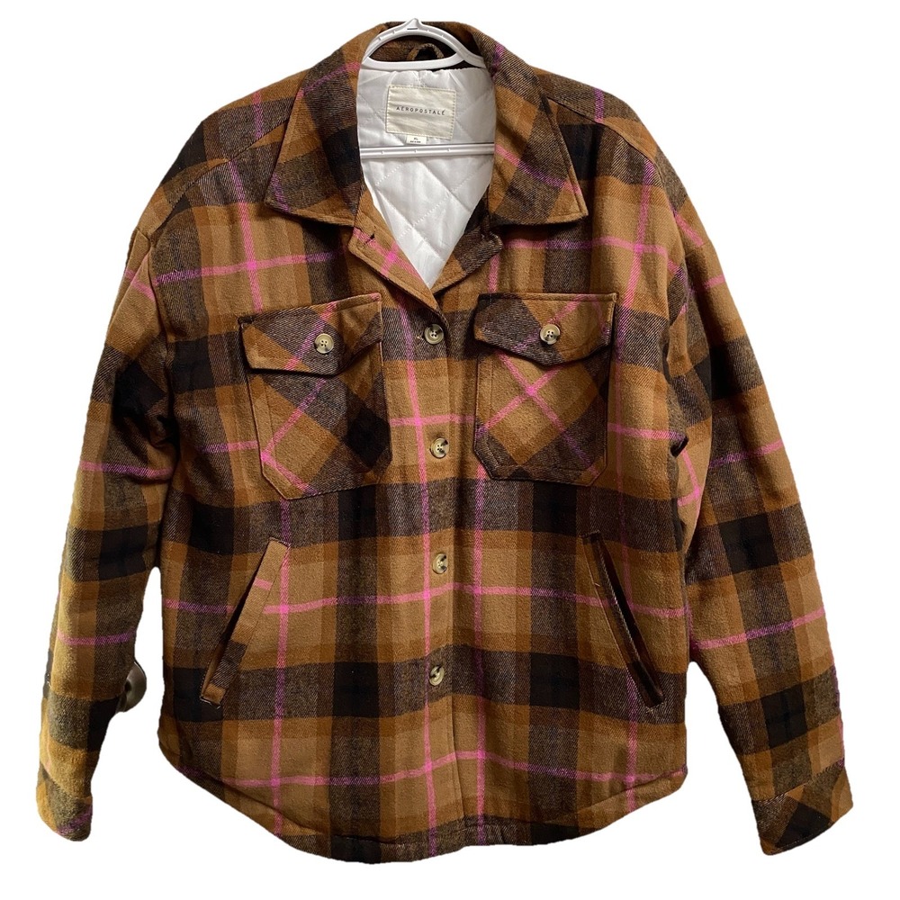 Aeropostale Women's Brown&Pink Plaid Shacket Flannel Jacket Lined Sz. XL ‎ EUC